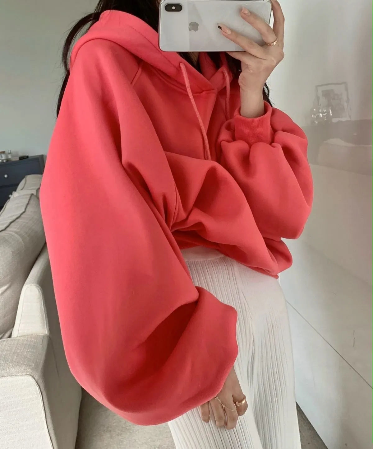 Watermelon red women's sleeveless hooded sweater made from loose-fitting Mulberry silk.