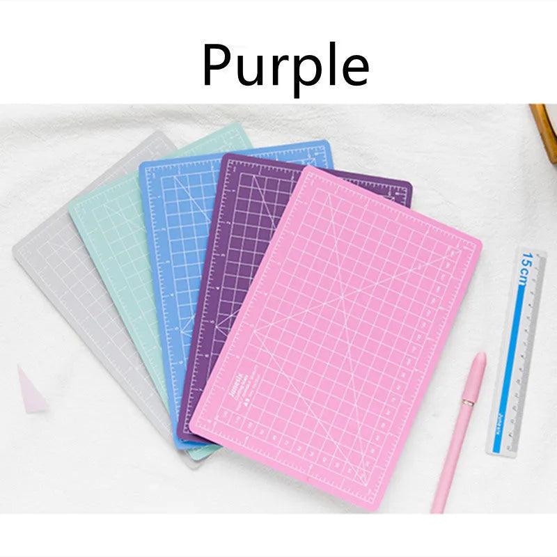 Art pen knife cutting board set with backing board, ruler, sharpener and blade in blue, green, grey, pink or purple