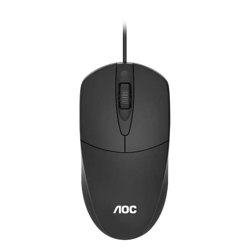 Black AOC-MS121 wired USB optical mouse on a desk for office use