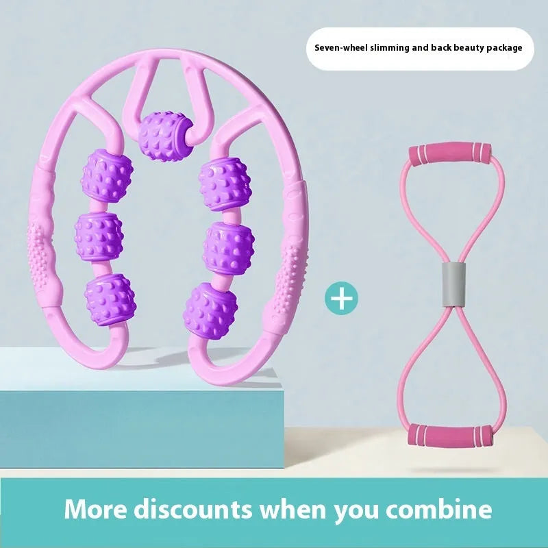 A clip-on leg massager roller with multiple wheels, shown in lilac purple colour.