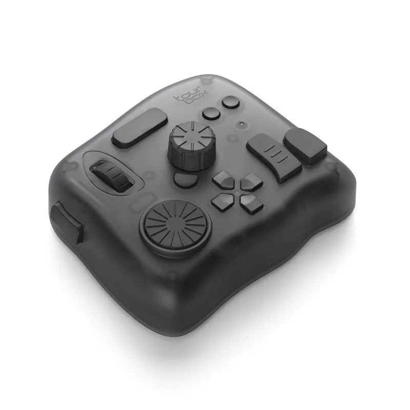 TourBox NEO video editing controller in black, showing its compact size and array of dials and buttons.