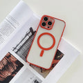 Magnetic charging iPhone case with plated frame in royal blue, black, red, gold, green, silver, or purple.