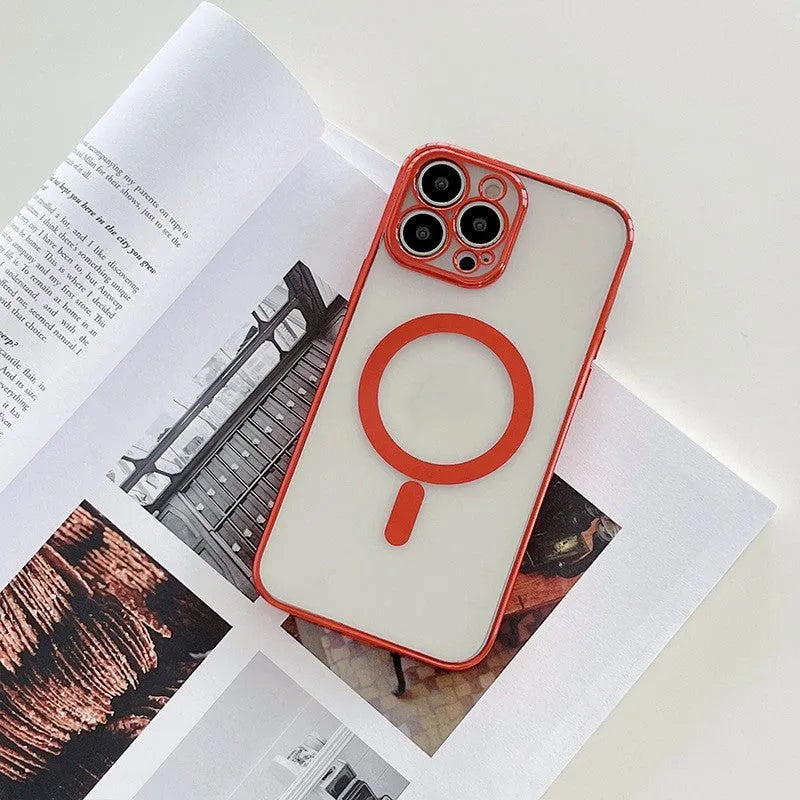 Magnetic charging iPhone case with plated frame in royal blue, black, red, gold, green, silver, or purple.