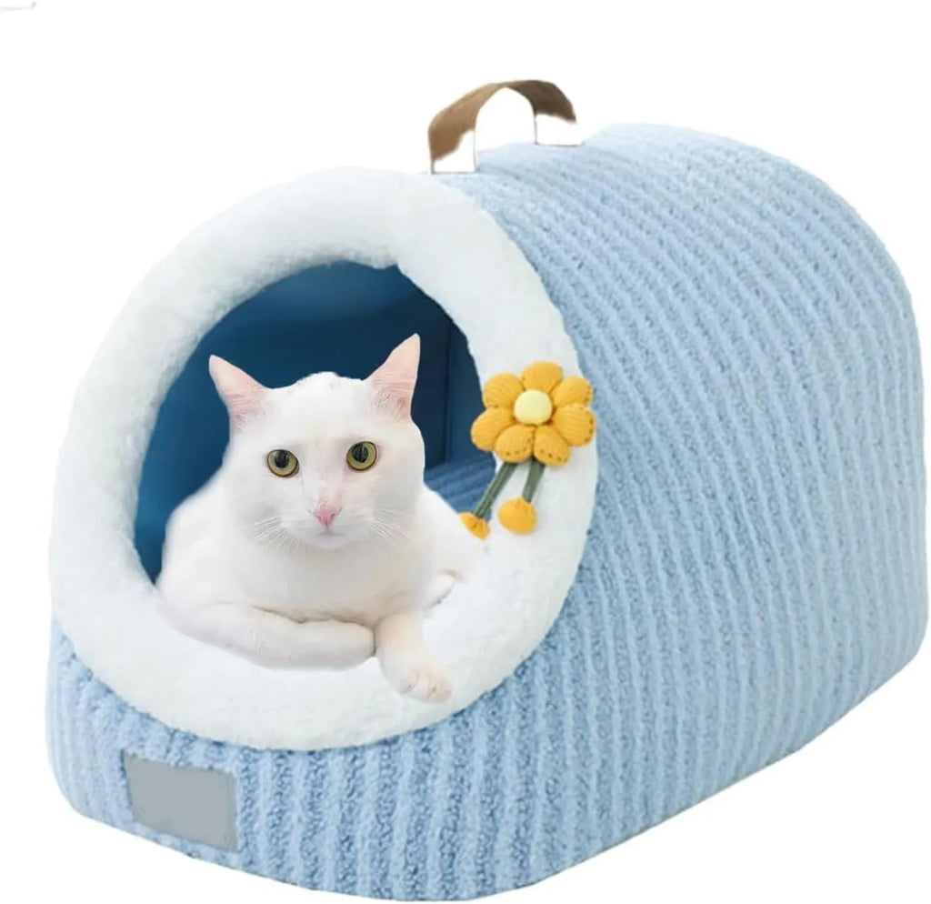 Blue cat cave bed with cushion, suitable for indoor cats and small pets like chihuahuas