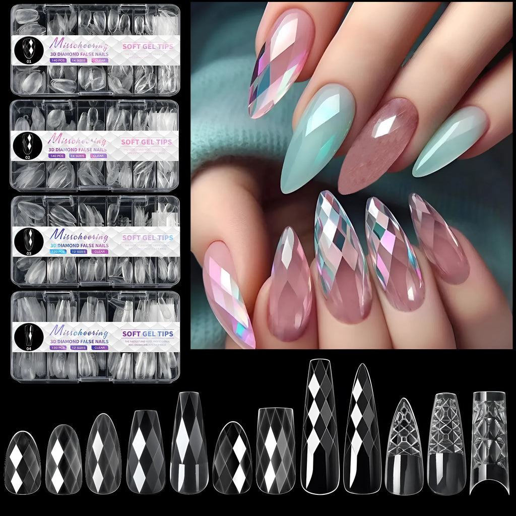 Long shaped false nail tips with an embossed 3D diamond pattern on the surface