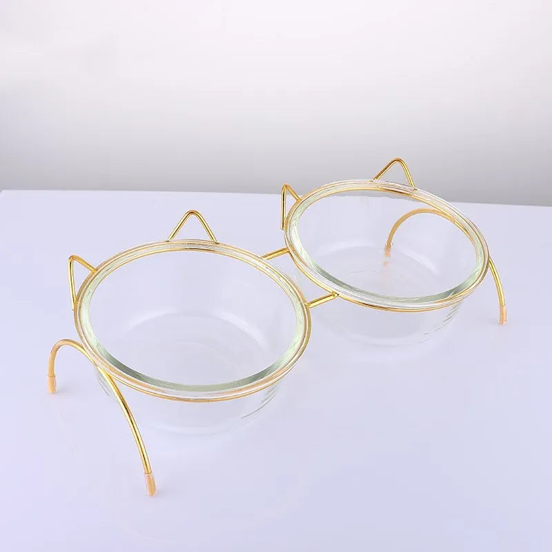 Glass cat bowl with iron rack, double and single options for cats and small dogs
