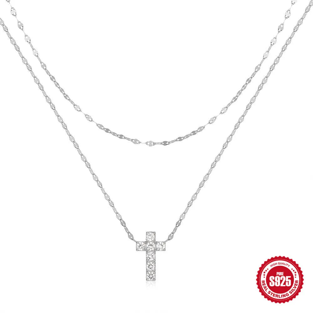S925 sterling silver double layer twin diamond cross pendant necklace on an adjustable clavicle chain.