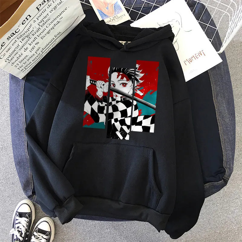 Anime print loose fit hooded sweatshirt in khaki for men and women, Harajuku street fashion style