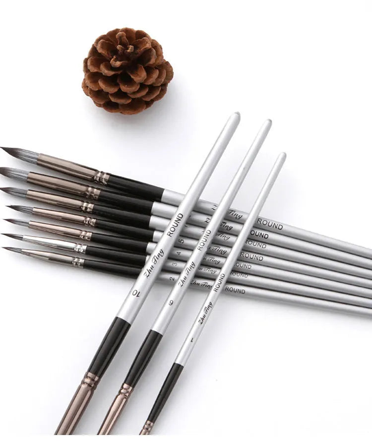 10-piece nylon hair brush set with wooden handles, silver gray rod detail, and round front tips, 20-23cm long