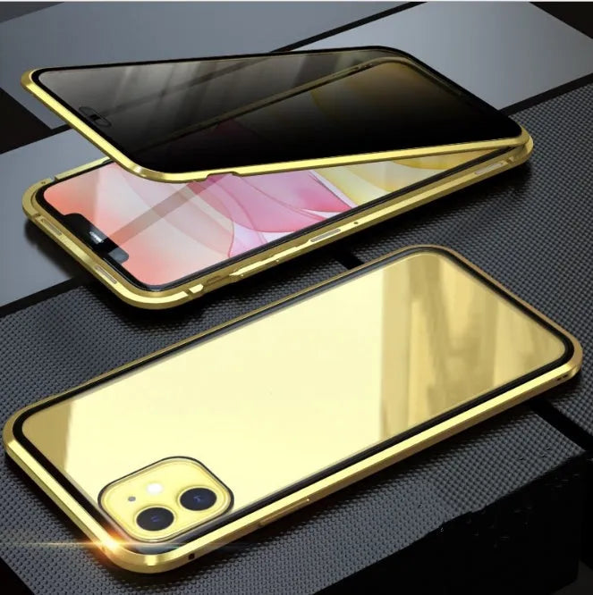 Black double-sided tempered glass magnetic clamshell case for iPhone shown open and closed.