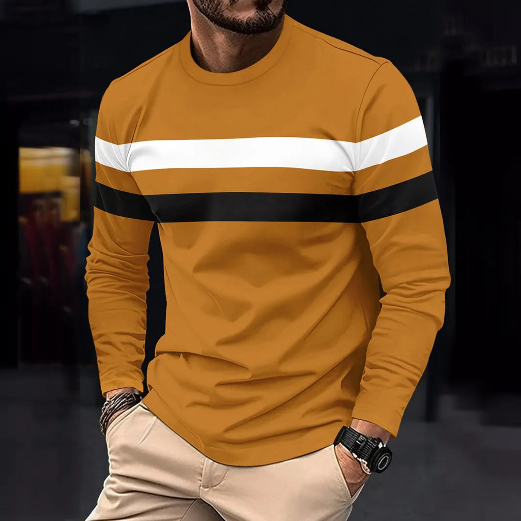 Men's casual round neck long sleeve T-shirt top in cotton blend, loose fit, available in multiple colours