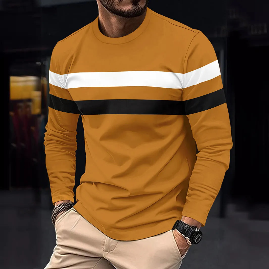 Men's casual round neck long sleeve T-shirt top in cotton blend, loose fit, available in multiple colours