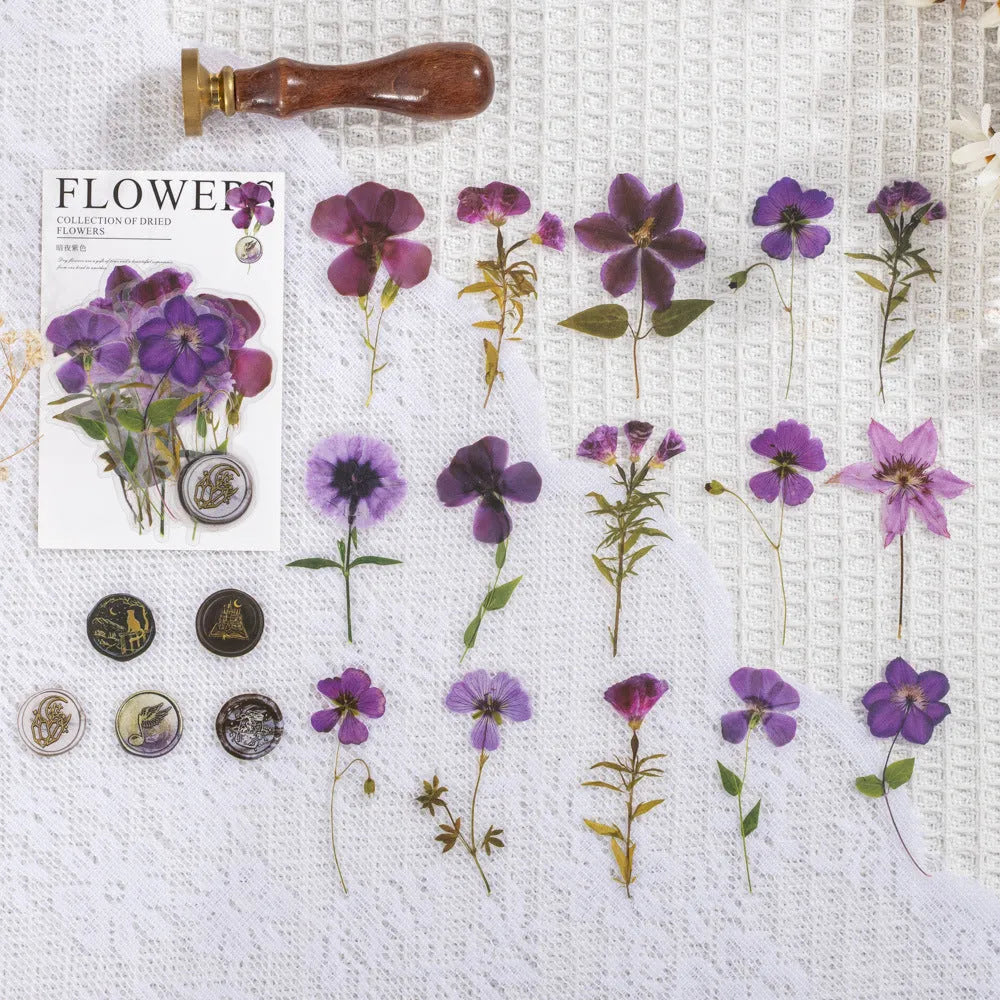 Dried flower journal decoration sticker set showing eight artistic styles on 70mm PET sheets