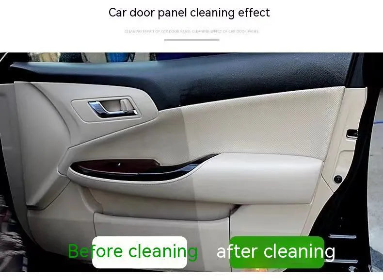 Wash-free fabric roof foam decontamination cleaner bottle with towel and sponge wipes for car interior cleaning.