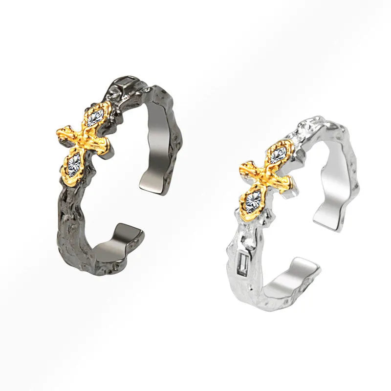 Geometric cross ring for women adjustable copper electroplated black gold and silver