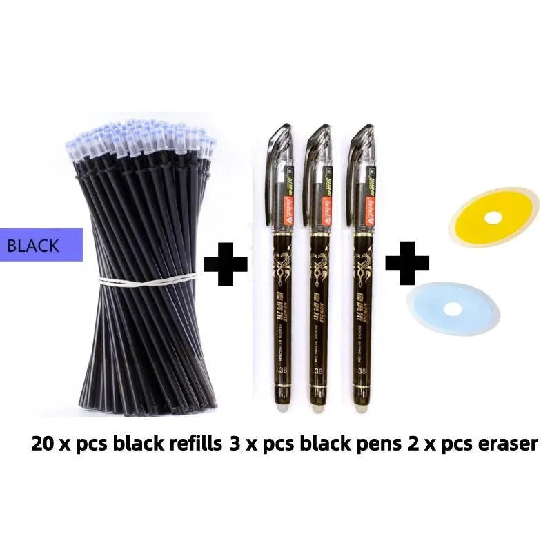 A black heat-erasable pen with a 0.5mm tip, shown with spare refill nibs and caps.