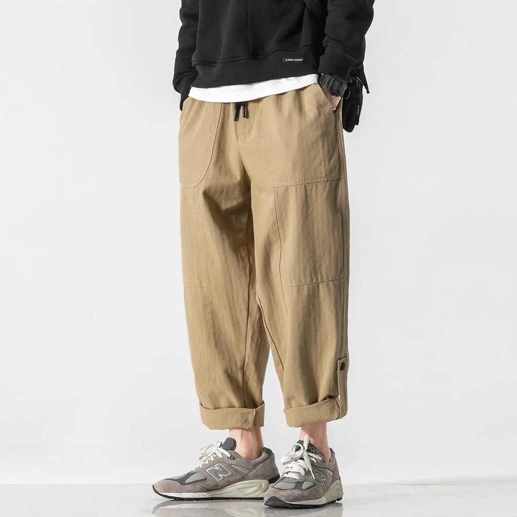 Men's loose straight twill cargo pants in khaki and gray, drawstring waist, patchwork detailing, Japanese workwear style