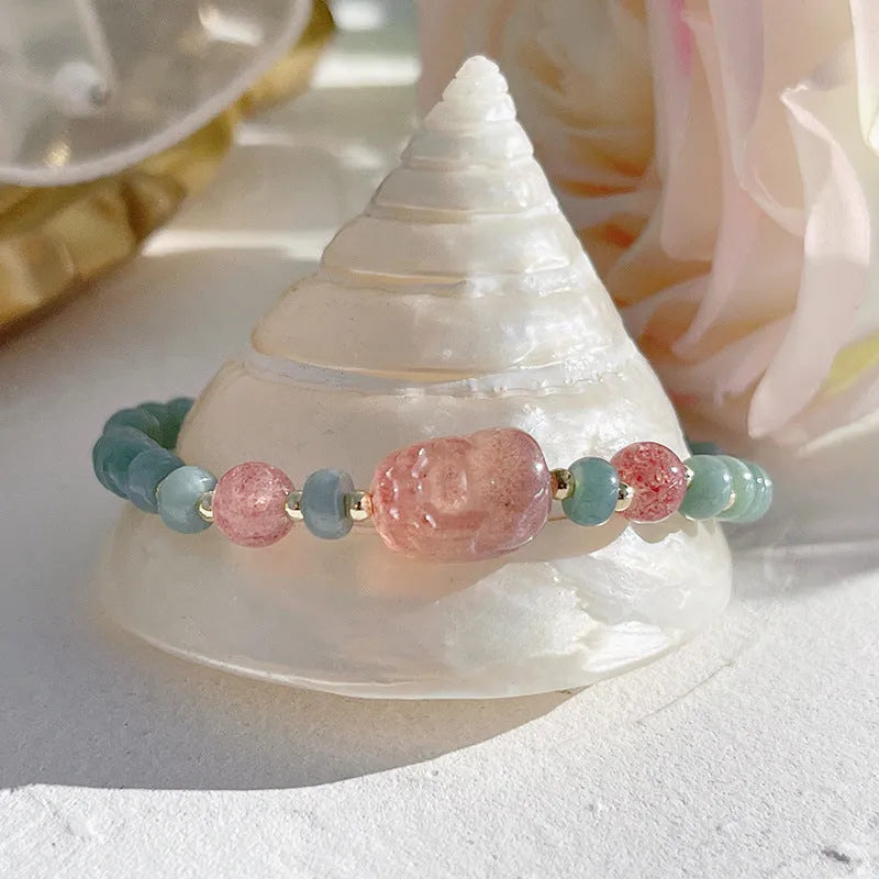 Jade bracelet with gourd pendant and peace buckle charms in natural blue water jade