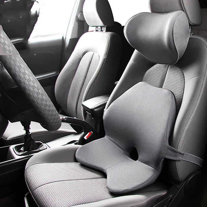 Car lumbar support cushion with memory foam, shown in beige colour, alongside a matching headrest option.