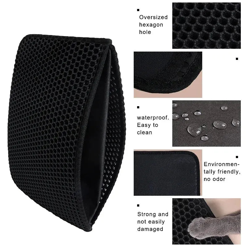 Black EVA foam cat litter pad with honeycomb design beside litter box