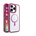 Slim magnetic transparent silicone phone case in plum red colour on an iPhone, showing raised edge for screen protection.