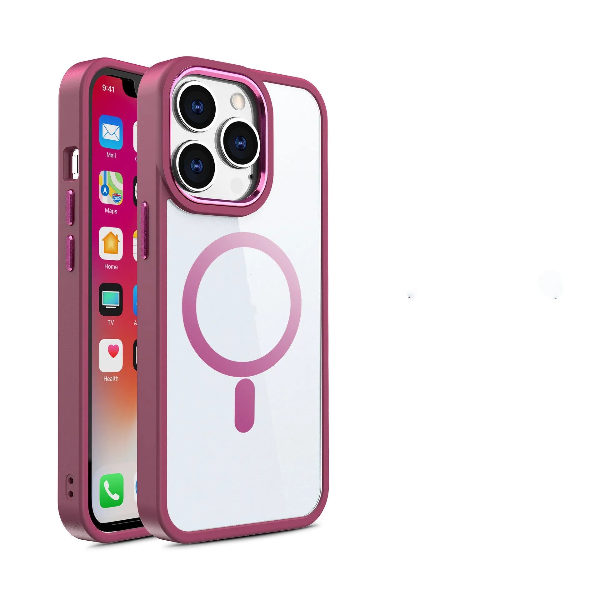Slim magnetic transparent silicone phone case in plum red colour on an iPhone, showing raised edge for screen protection.