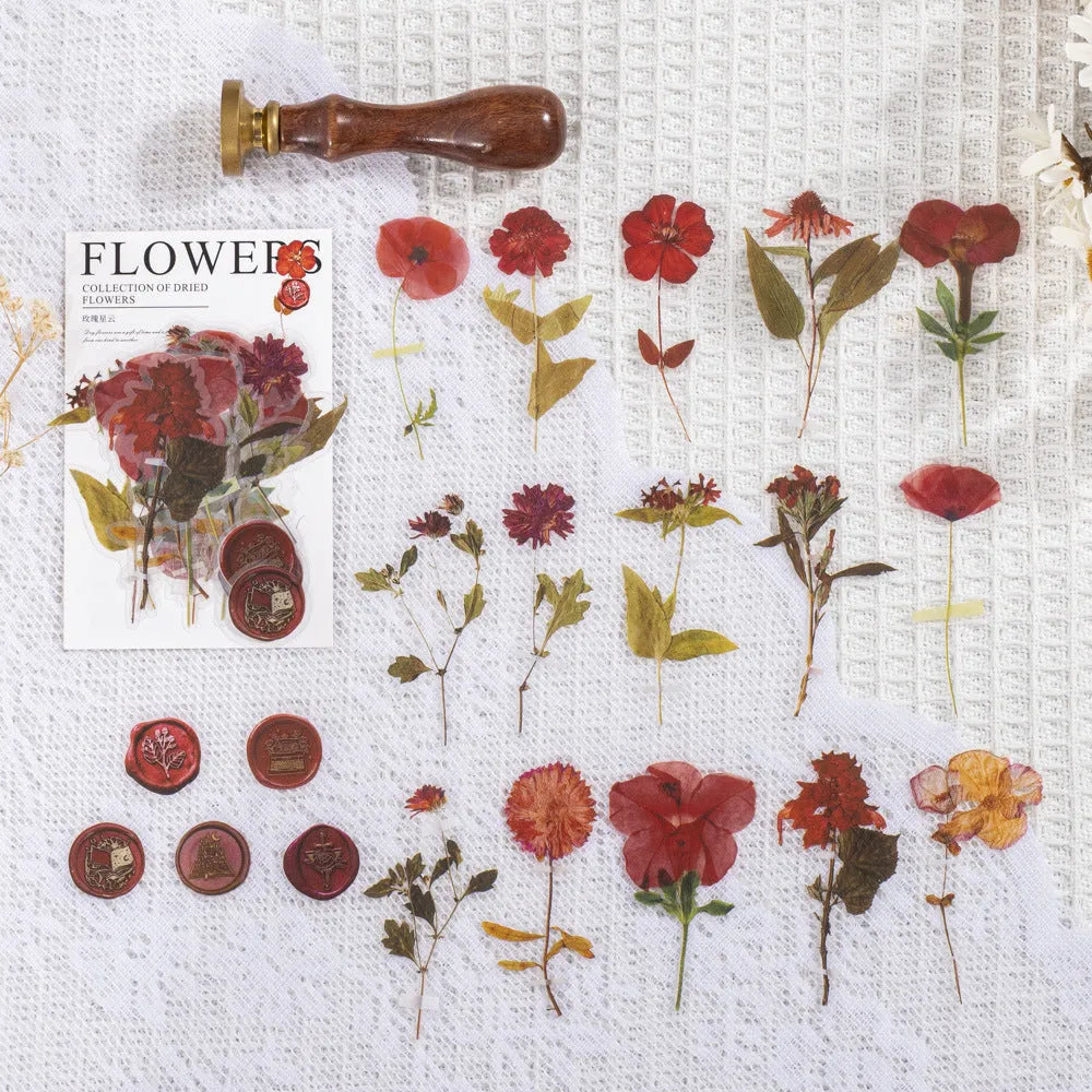 Dried flower journal decoration sticker set showing eight artistic styles on 70mm PET sheets