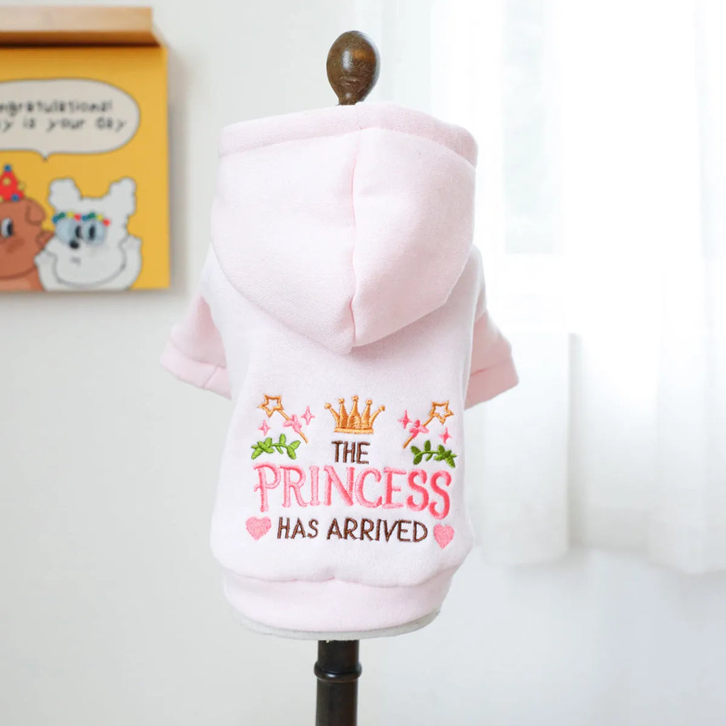Hooded princess style pet sweater for small dogs and cats in polyester material