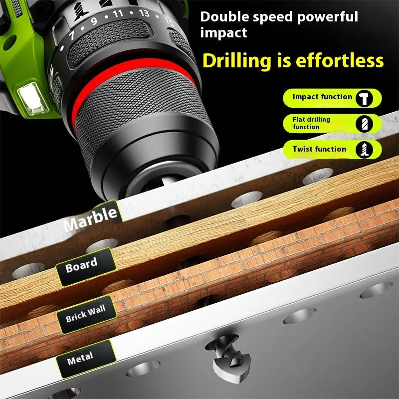 21V brushless impact drill with 300W power, 10mm chuck, and 150 Nm torque for wood, steel, and concrete