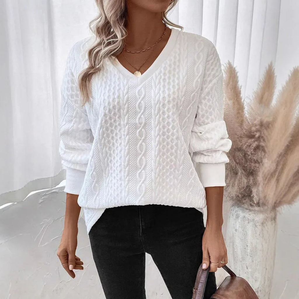 Milky white loose fit long sleeve T-shirt with 3D pattern, Japanese Korean casual style