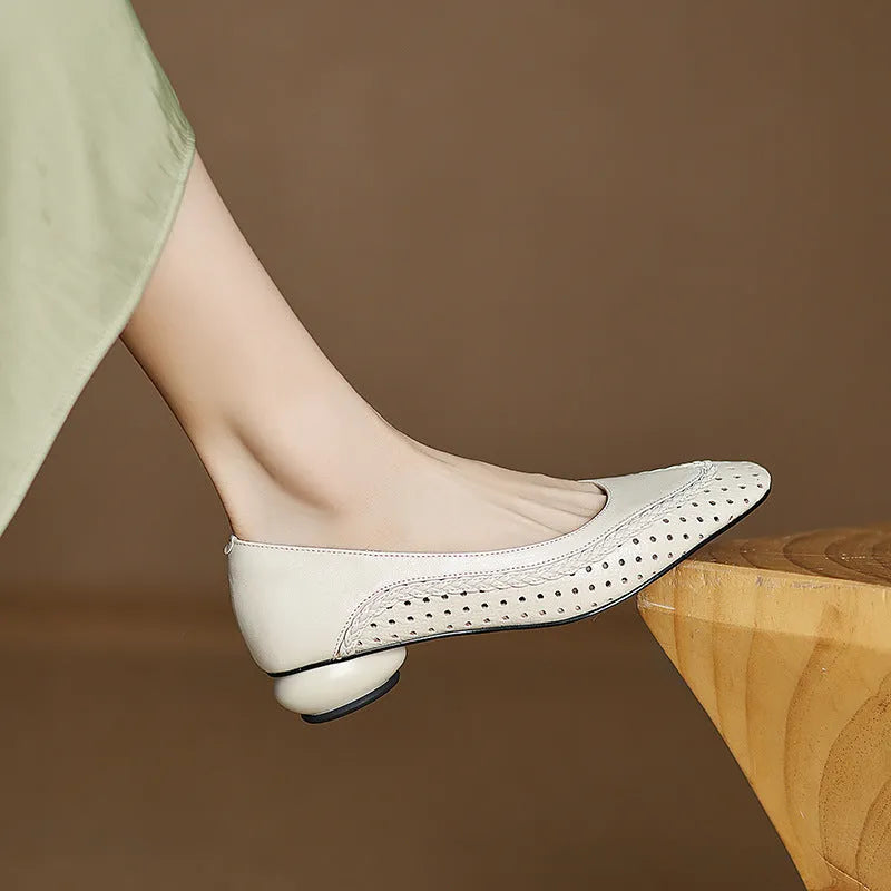 Women's shallow mouth hollow-out round toe mid heel sandals in milky white
