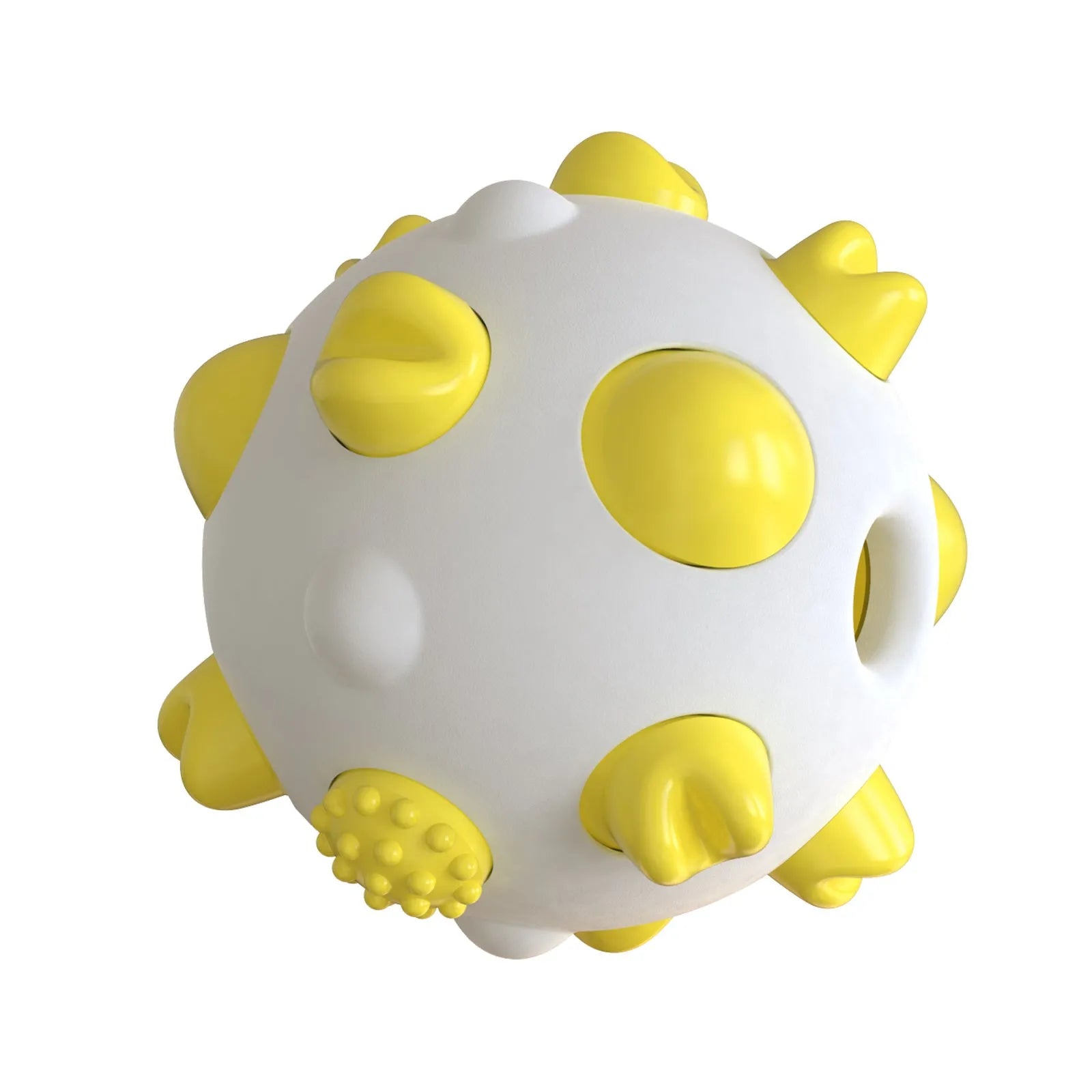 Blue green and yellow spherical dog chew toy with textured bumps and a hollow centre.