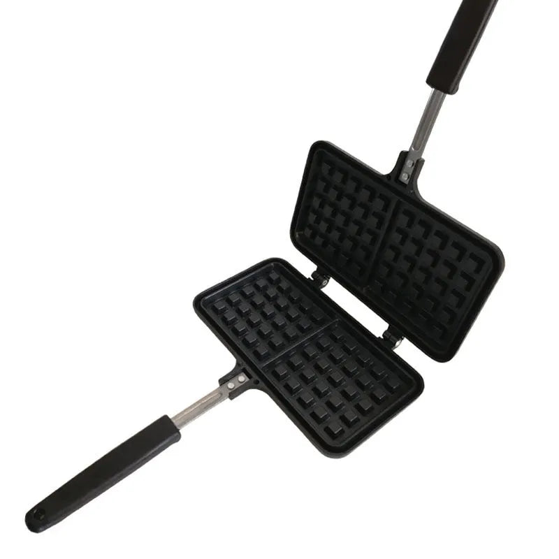 Black non-stick aluminium waffle mold with plaid pattern and heat-resistant handle for gas stoves