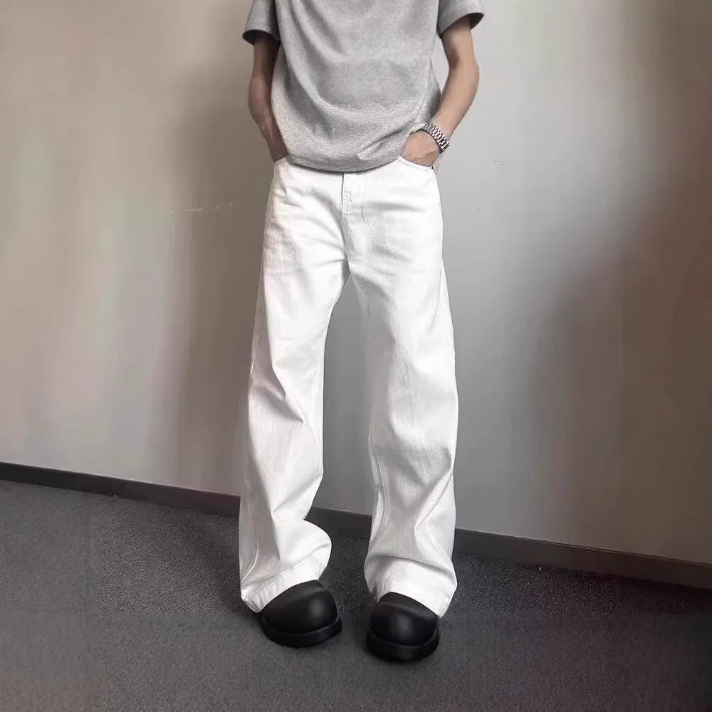 Men's white straight leg jeans with loose wide leg opening and American high street styling