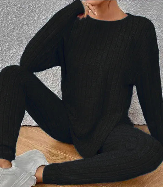 Plus size sunken stripe two-piece homewear set with long sleeve top and trousers in blue