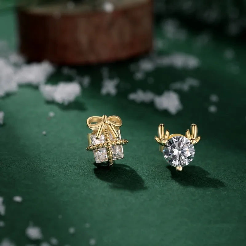 Pair of 925 sterling silver irregular bow and deer earrings with zircon inlay