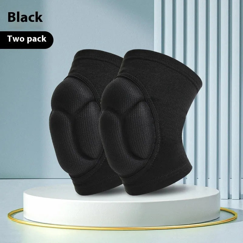 A pair of black free-size kneepads with thick sponge padding for sports like volleyball and dance.