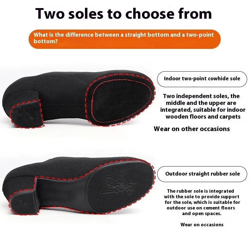 Men's black oxford cloth ballroom dancing shoes with rubber sole and middle heel on a dance floor