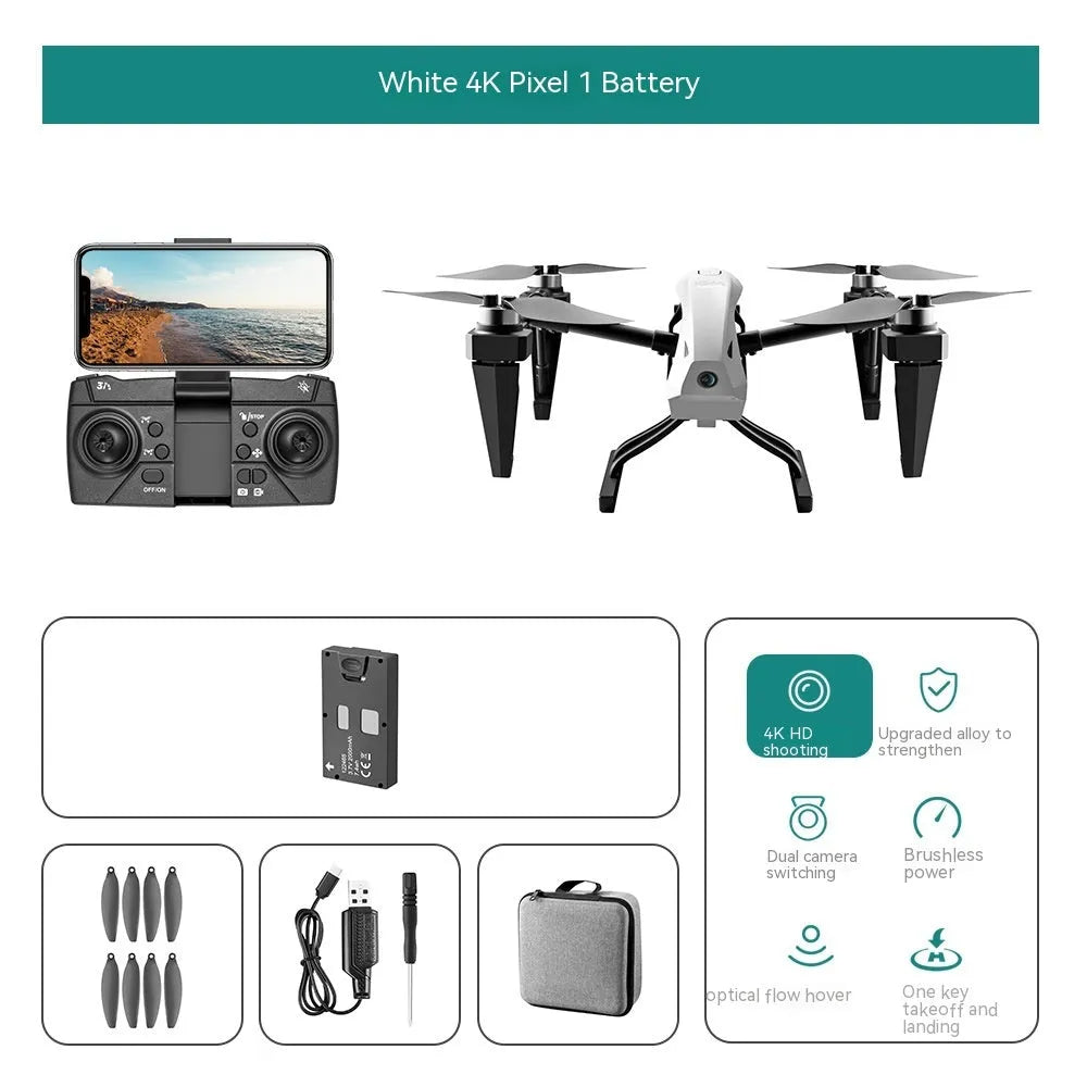 White KS66 alloy UAV drone with camera and remote control on grass, spare propellers and storage bag shown alongside.