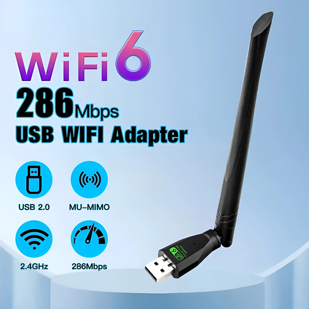 Black USB WiFi 6 wireless network card dongle for laptop and PC connectivity.