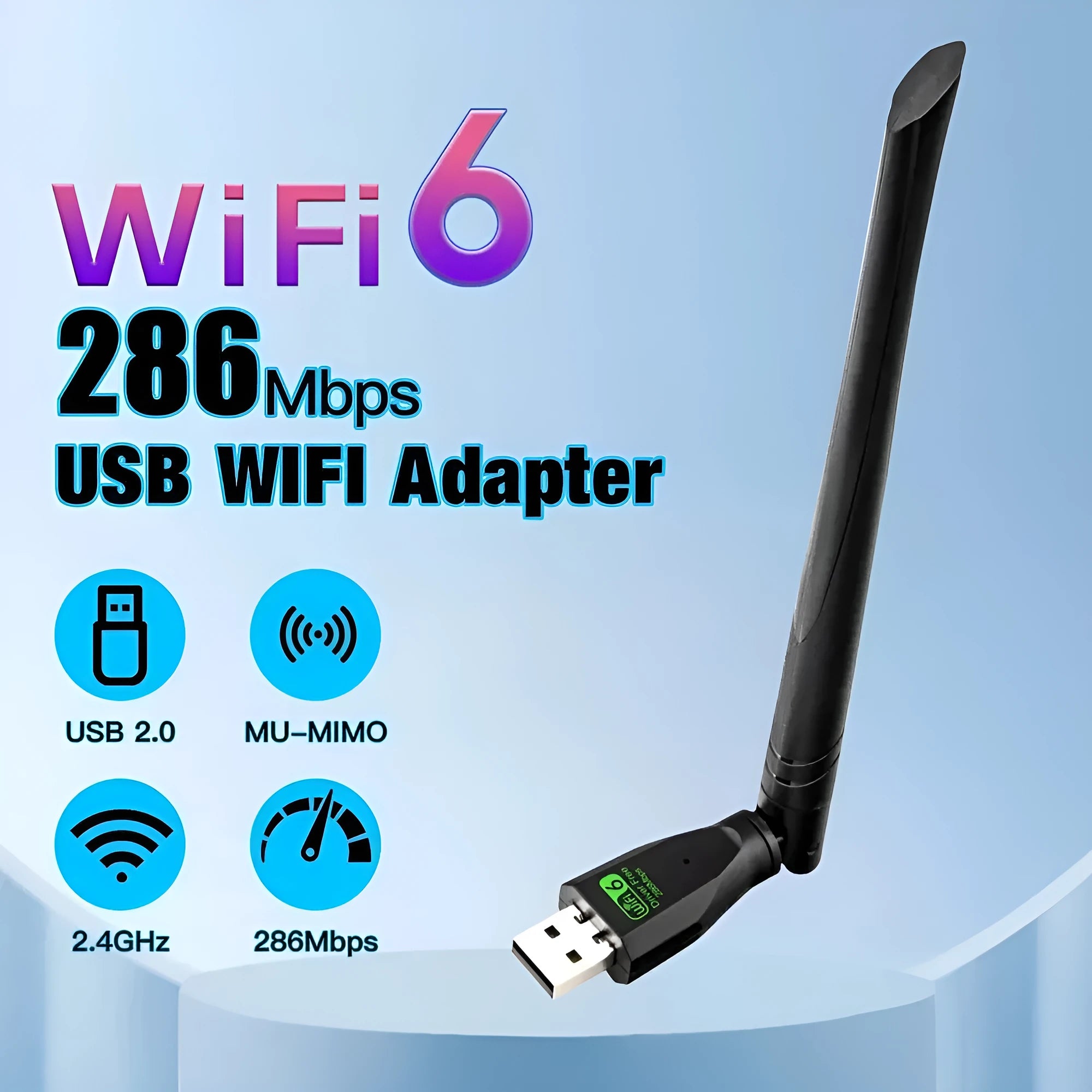 Black USB WiFi 6 wireless network card dongle for laptop and PC connectivity.