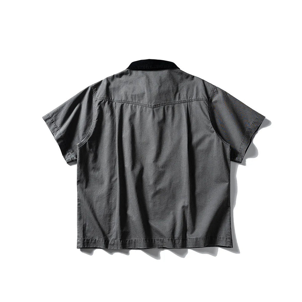 Short sleeve washed overalls shirt in loose cardigan style, shown in khaki colour.
