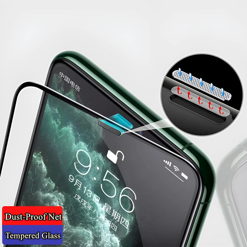 iPhone tempered glass screen protector with privacy dustproof net film showing full coverage on iPhone
