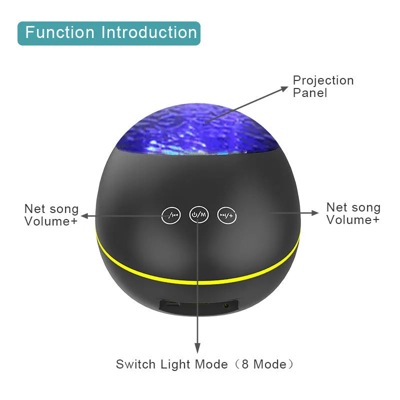 Coversage ocean wave projector LED night light with Bluetooth speaker in black, showing wave projection on wall