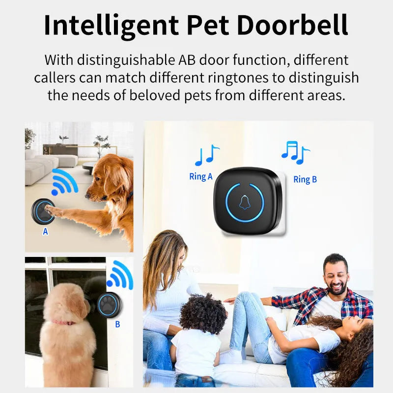 Black and white wireless waterproof pet doorbell with a touch button and plug-in receiver unit.