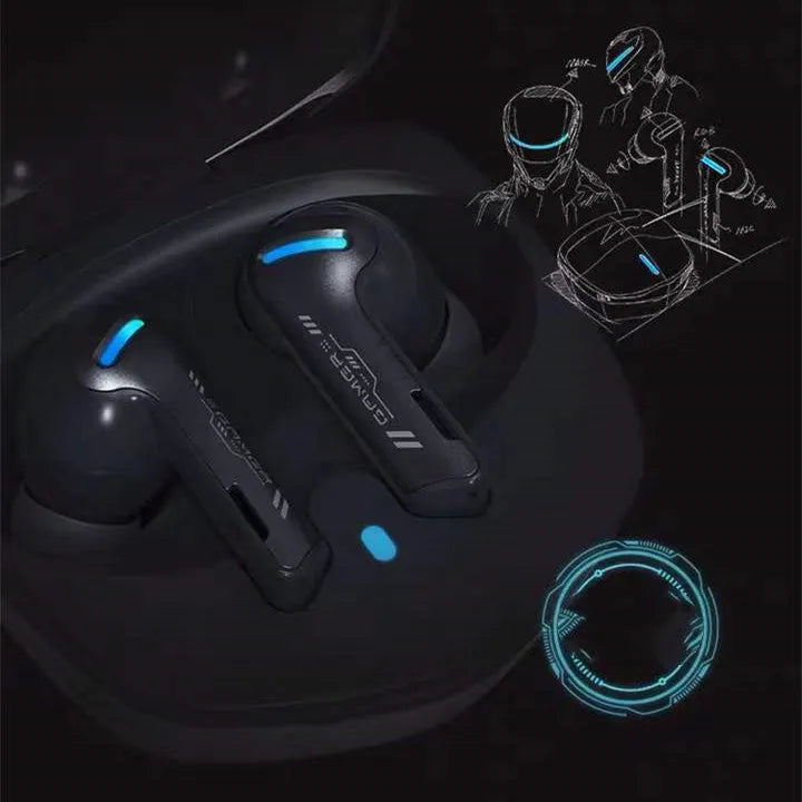 Grey QCY G1 wireless Bluetooth gaming headset with charging case and ear tips.