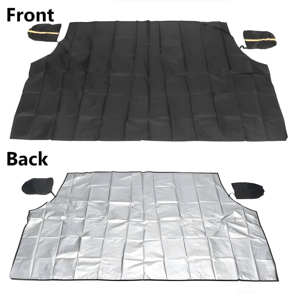 Magnetic car snow shield in black, 215x150x125cm size, on windshield for snow and frost protection