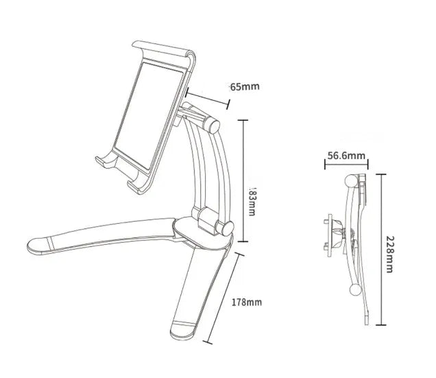 Silver aluminium alloy tablet stand holding a tablet, showing the adjustable clamps and 360-degree rotating hinge.