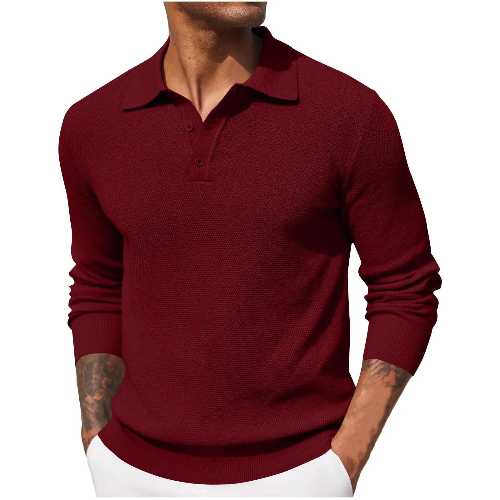 Men's solid colour long-sleeved polyester top in wine red, casual style, autumn wear
