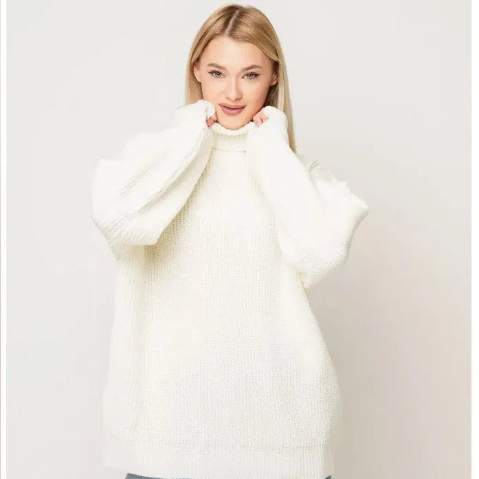 Women's solid colour high neck pullover sweater in imitation cashmere fabric on a hanger.